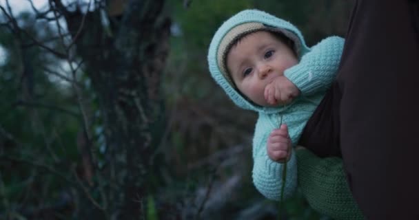 Söt Liten Pojke Leker Ute Sin Mamma Händer — Stockvideo