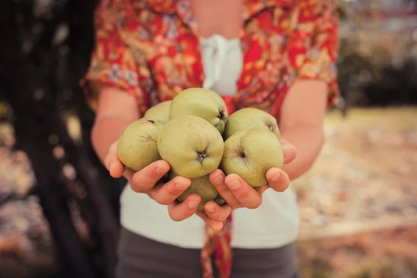 Jeune femme debout près d'un arbre avec des pommes — Photo