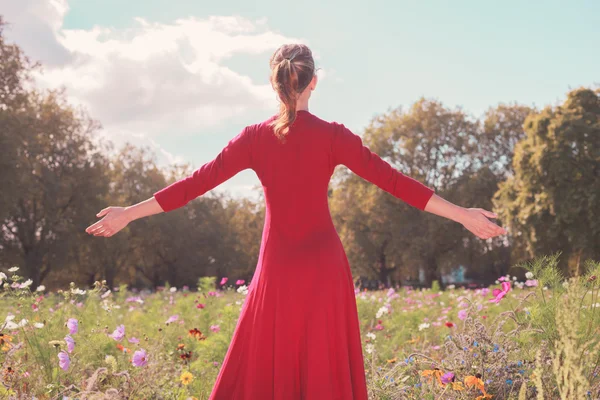 Jeune femme heureuse dans une prairie — Photo