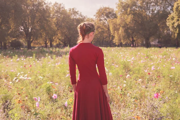 Young woman in meadow at sunset — Stock Photo, Image