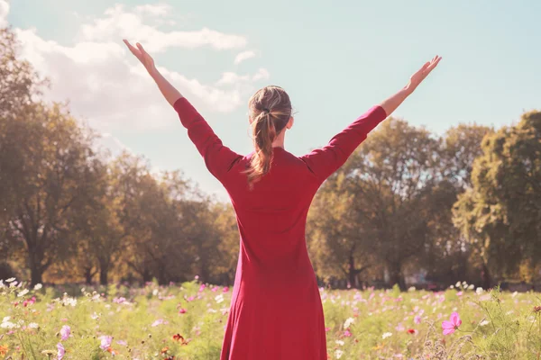 Jovem mulher feliz em um prado — Fotografia de Stock