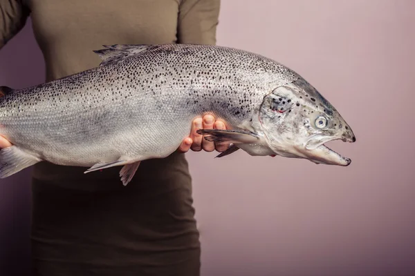 Young woman holding a big salmon — Stock Photo, Image