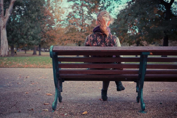 Rear view of woman on park bench — Stock Photo, Image