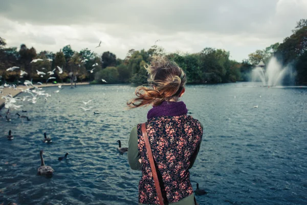 Donna che guarda il lago in un parco — Foto Stock