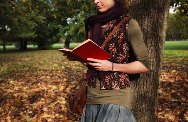 Genç kadın parkta okuma — Stok fotoğraf