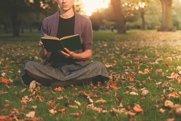 Woman reading in park at sunset — Stock Photo, Image