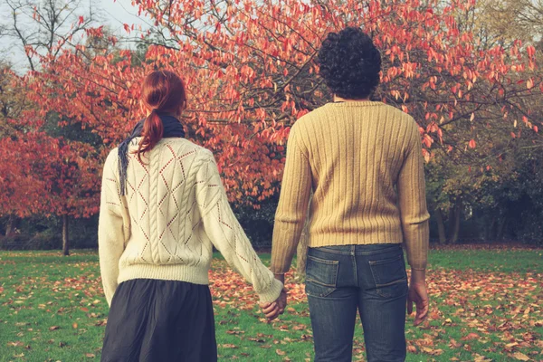 Pár se drží za ruce v parku — Stock fotografie