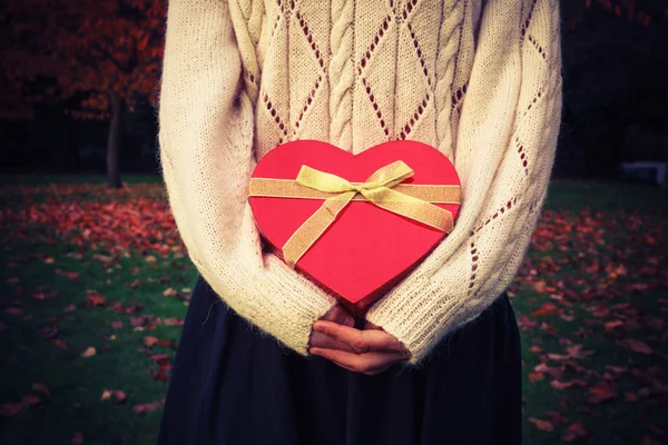 Kalp şeklinde kutu Park kadınla — Stok fotoğraf