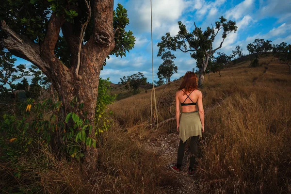 Mujer de pie por la cuerda colgando de un árbol en la colina —  Fotos de Stock