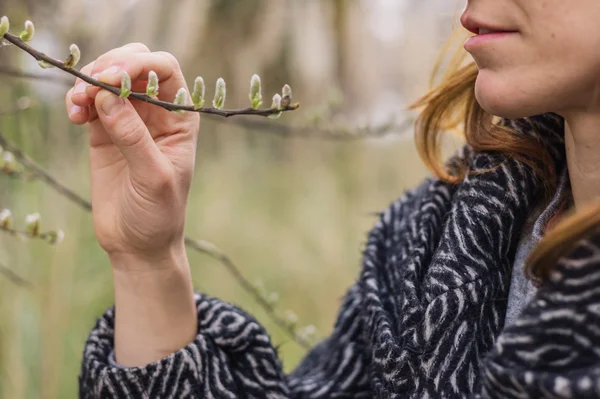 Frau berührt Zweig mit Knospen — Stockfoto