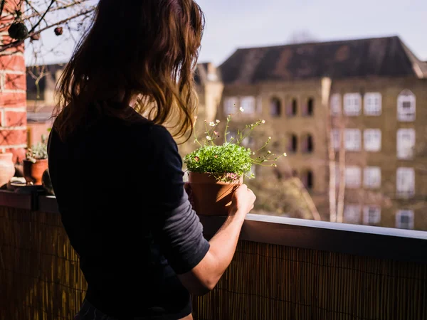 Mujer atendiendo a sus plantas en balcón — Foto de Stock