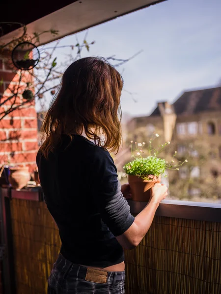 Donna che assiste alle sue piante sul balcone — Foto Stock