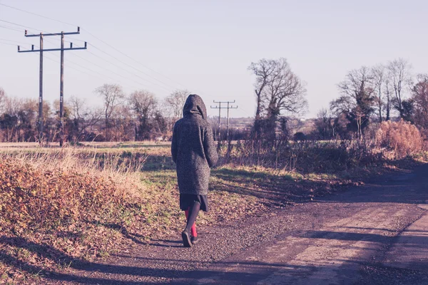 Persona caminando por la carretera rural en invierno —  Fotos de Stock