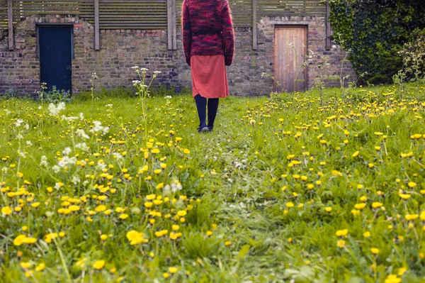 Женщина, идущая по лугу к деревенским дверям — стоковое фото