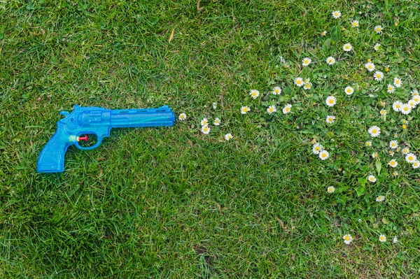 Hračka zbraň na trávě střelba sedmikrásky — Stock fotografie