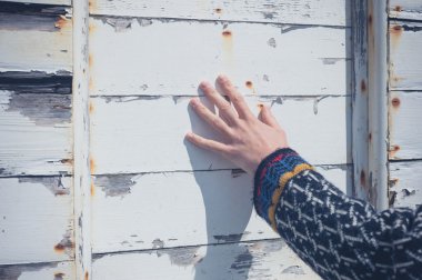 Genç kadın Ahşap yapı dokunmadan