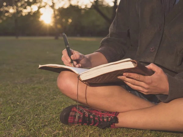 Woman writing in notebook at sunset — Stock Photo, Image