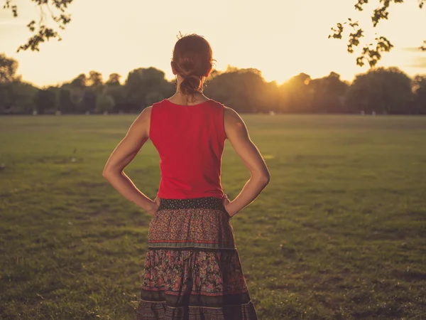Mujer de pie en el parque admirando la puesta de sol —  Fotos de Stock