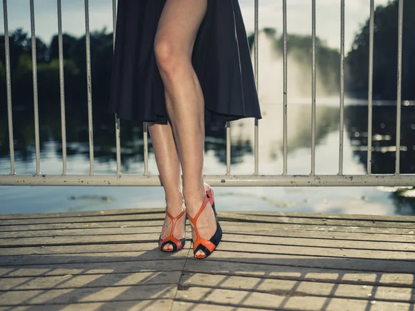 Feet and legs of elegant woman by lake — Stock Photo, Image
