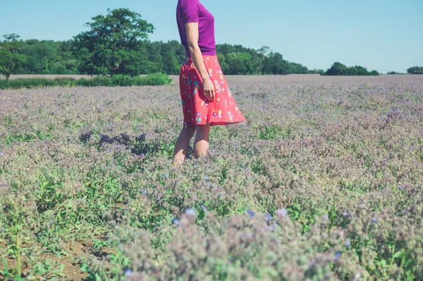 Mulher em pé no campo de flores roxas — Fotografia de Stock