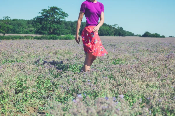 Feliz joven mujer girando en el campo de flores púrpuras —  Fotos de Stock