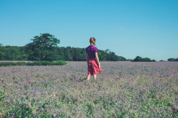 Mulher em pé no campo de flores roxas — Fotografia de Stock