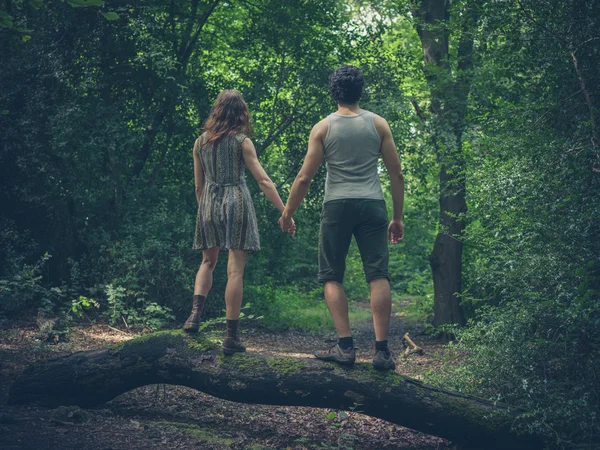 Young couple standing on a log in the forest — Stock Photo, Image