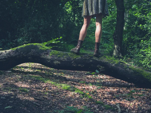 Jonge vrouw permanent op een log in het forest — Stockfoto
