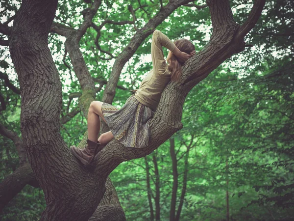 Jeune femme couchée dans un arbre — Photo