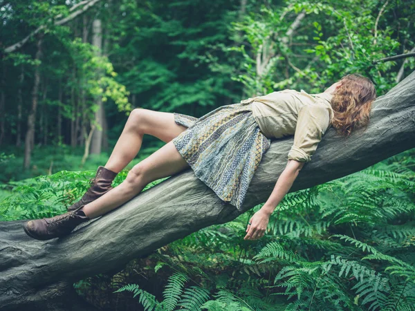 Mujer joven acostada en el árbol en el bosque —  Fotos de Stock