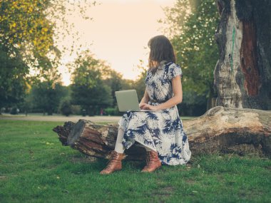 Günbatımında parkta dizüstü bilgisayar kullanan genç kadın