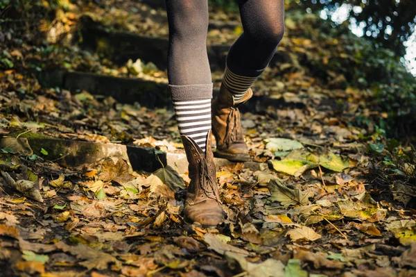 Genç kadın ormanda yürüyüş bacaklar — Stok fotoğraf