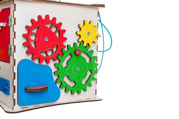 Barnens Pedagogiska Leksak Busycube Busyboard Isolerad Vit Bakgrund Utveckling Motorik — Stockfoto