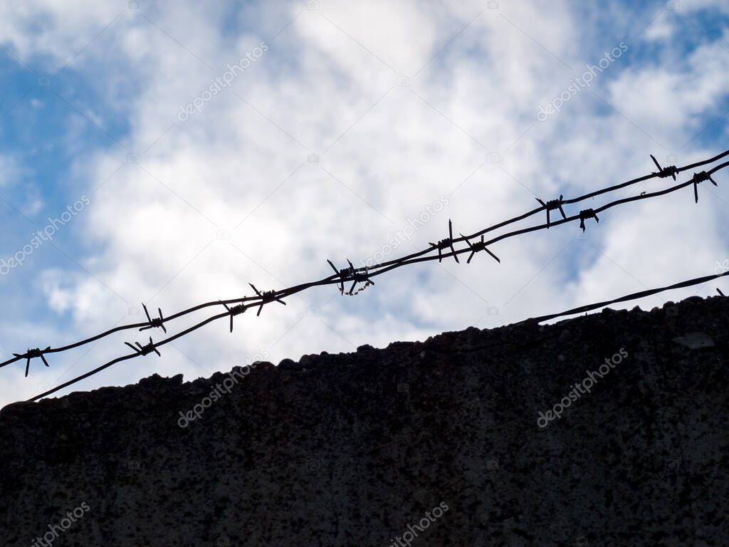 barbed wire close-up, against a blue sky, the concept of incarceration, serving a sentence, restriction of freedom, isolation, crime and punishment