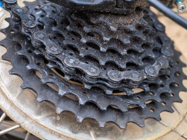 Bisiklet arka raydan çıkarıcı motorlar yakın çekim, hız bisikleti, mtb, dağ bisikleti, değiştirme, tamir, bisiklet parçalarının yağlanması