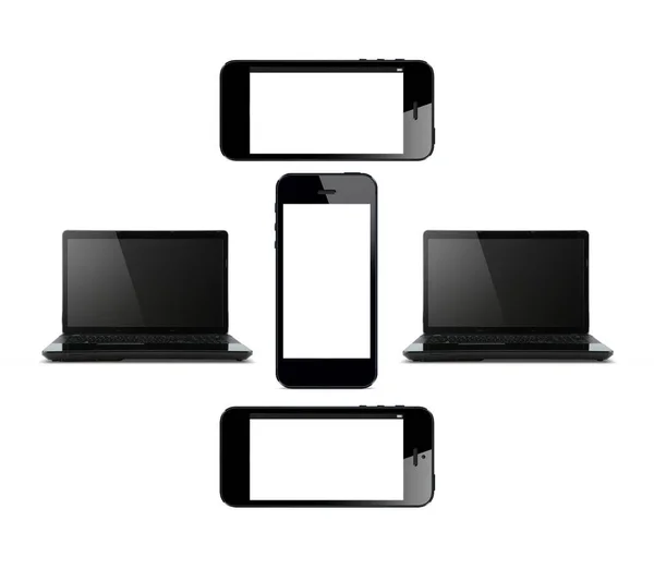 Smartphones Med Vita Skärmar Och Datorskärmar Vit Bakgrund Royaltyfria Stockfoton