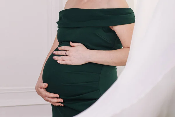 Pregnant Girl Dress Holds Her Hands Her Belly — Stock Photo, Image
