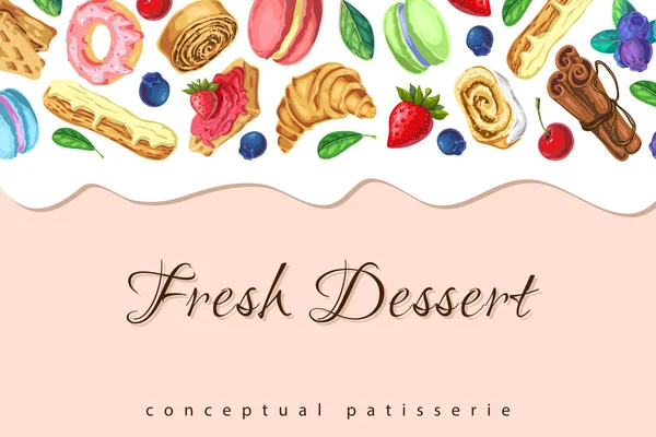 ピンクのクリームとお菓子とデザートが流れるベクトルの背景。ベリーとかわいいベーカリーペストリーバナー,ヨーグルトや溶かしたチョコレートを滴下し、テキストのための場所.メニュー、パッケージ、名刺デザイン. — ストックベクタ