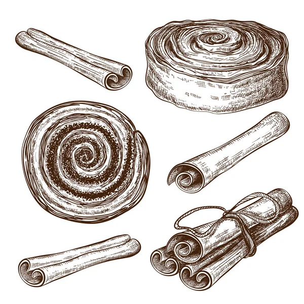 Bollos de canela dulce dibujado a mano o rollos con palos de canela colección aislada. Set de bocetos de pastelería vectorial. ilustración vintage de postre dulce. Cannella grabada, caracol de amapola o cacao, sabrosos remolinos — Vector de stock