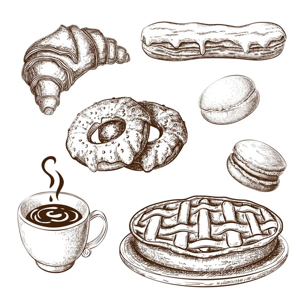 Hand drawn pastries with coffee cup or tea isolated on white background in vintage engraved style. sketch of coffeecup, croissant, eclair, donuts, macaroons and apple pie, cake. breakfast illustration — Stock Photo, Image