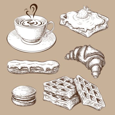 Kruvasanlı kahve, hamur işleri, tatlı tatlılar. Kahvaltı ikonu seti. Bir fincan kahveyle izole edilmiş tatlı hamur işleri. Kruvasan, ekinoz, waffle ve kurabiye eskizi. Fransız mutfağı..