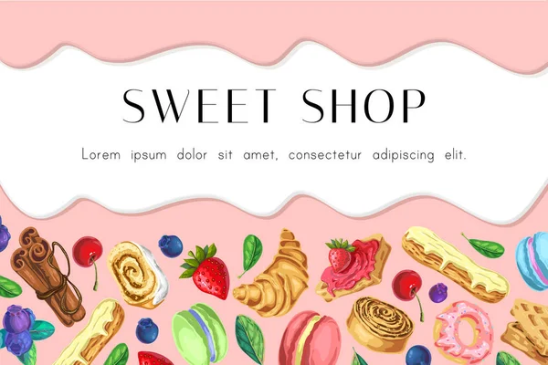 Süßwarengeschäft Banner, Dessert rosa Hintergrund mit Sahne oder Sirup fließt. Sweet Bar, Kinder Party Plakatvorlage. Vektorkomposition mit Gebäck, Beeren, Platz für Text. ideal für süßes trendiges Design. — Stockvektor