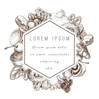 Pasta, pastane ürünleri etiketi, rozet veya çerçeveli tatlı ve tatlı. Pastane ya da pastane logosu şablonu, afiş, tabela. Çörek ikonu, kruvasan, waffle, pasta. Vintage oyma biçimi.