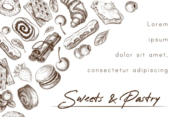 engraved bakery or pastry banner, background, frame, card template isolated on white. sketch illustration of sweet desserts, pastries and berries. vintage style. for bakery, baking shop design.