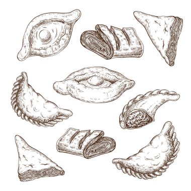 Çizilmiş puf böreği çizimi izole edildi. Pişirme, peynirli hamur işleri ya da et dolması. Top kaybı, khachapuri, bureka, empfan, yumurta teknesi turtası, üçgen çörekler. Eski tarz. Geleneksel kızarmış hamur işi.