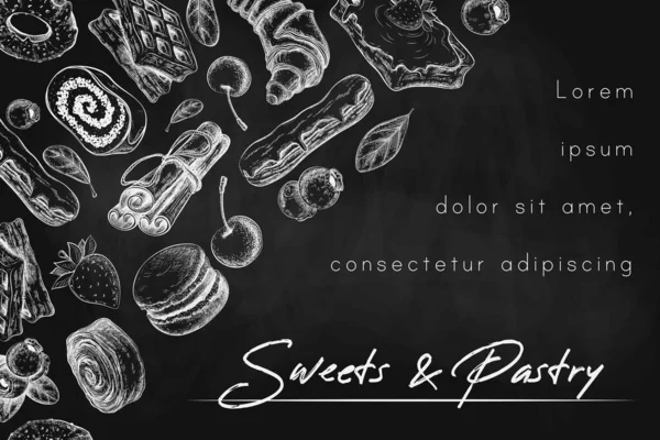 chalk bakery or pastry banner, background, frame or card template on black chalkboard. illustration of sweet desserts, pastries and berries on blackboard. vintage style. for bakery, baking shop.