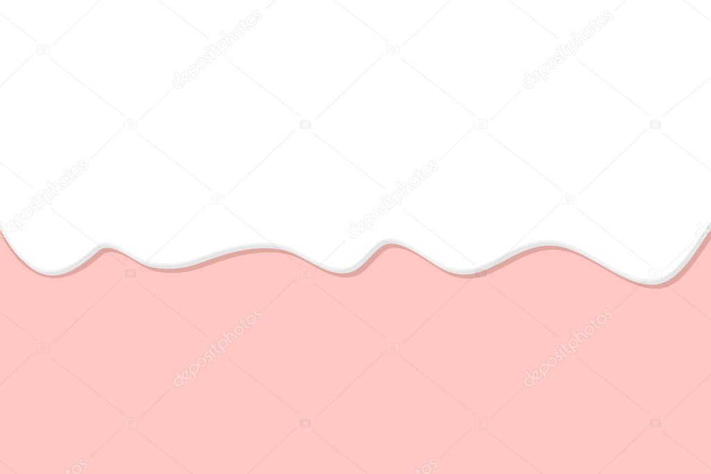 Dripping ice cream or yogurt background. sweet caramel flow down. white glaze drips on pink backdrop. Vector illustration. banner or border with flowing white liquid cream, or melting chocolate
