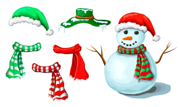 白い背景に隔離された様々なアクセサリーとクリスマスの雪だるまのイラスト かわいい笑顔の雪だるまの建設 スノーマンを作るためのクリスマスと新年のコレクションです 手描きの凍てつくキャラクター — ストック写真