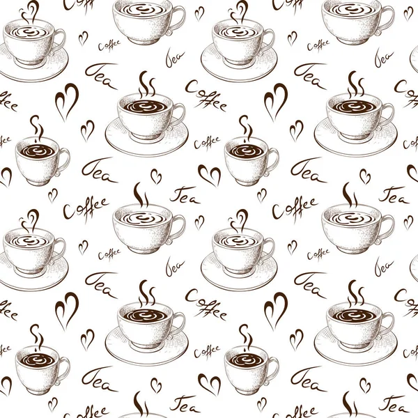 Seamless Coffee Tea Pattern Isolated White Hand Drawn Coffee Cups — Stock Vector