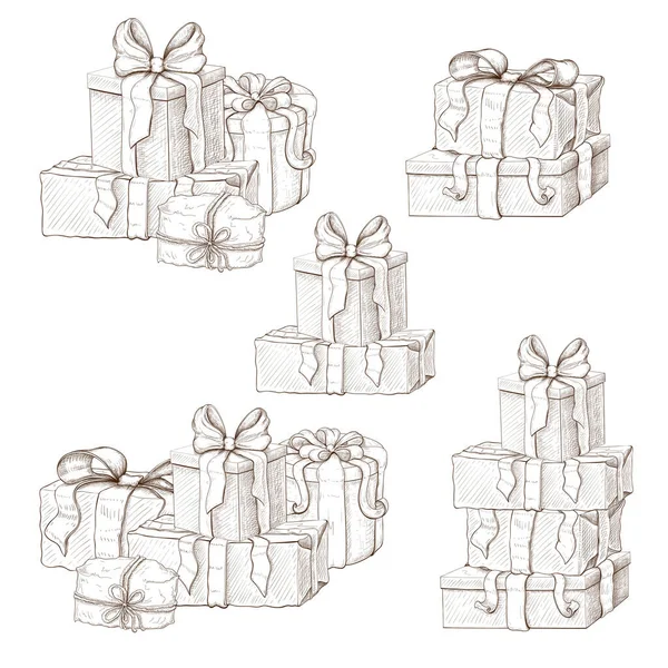一堆礼品盒被白色隔开了 圣诞节礼物塔的手工画图 一堆堆的礼物草图 一堆堆有弓形纸盒 假日装饰 雕刻的古埃及山崖 — 图库矢量图片